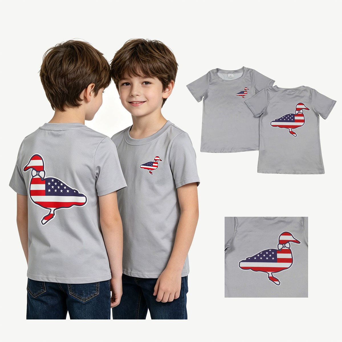 Baby Clothing Wholesale - Baby Jungen Graue Kurzarm-T-Shirts mit Flaggen-Enten-Motiv